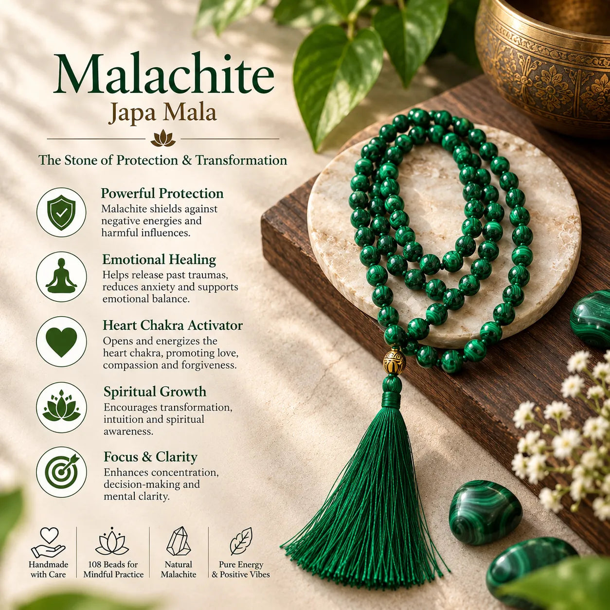 Green Malachite Mala Prayer Beads with Tassel functionality