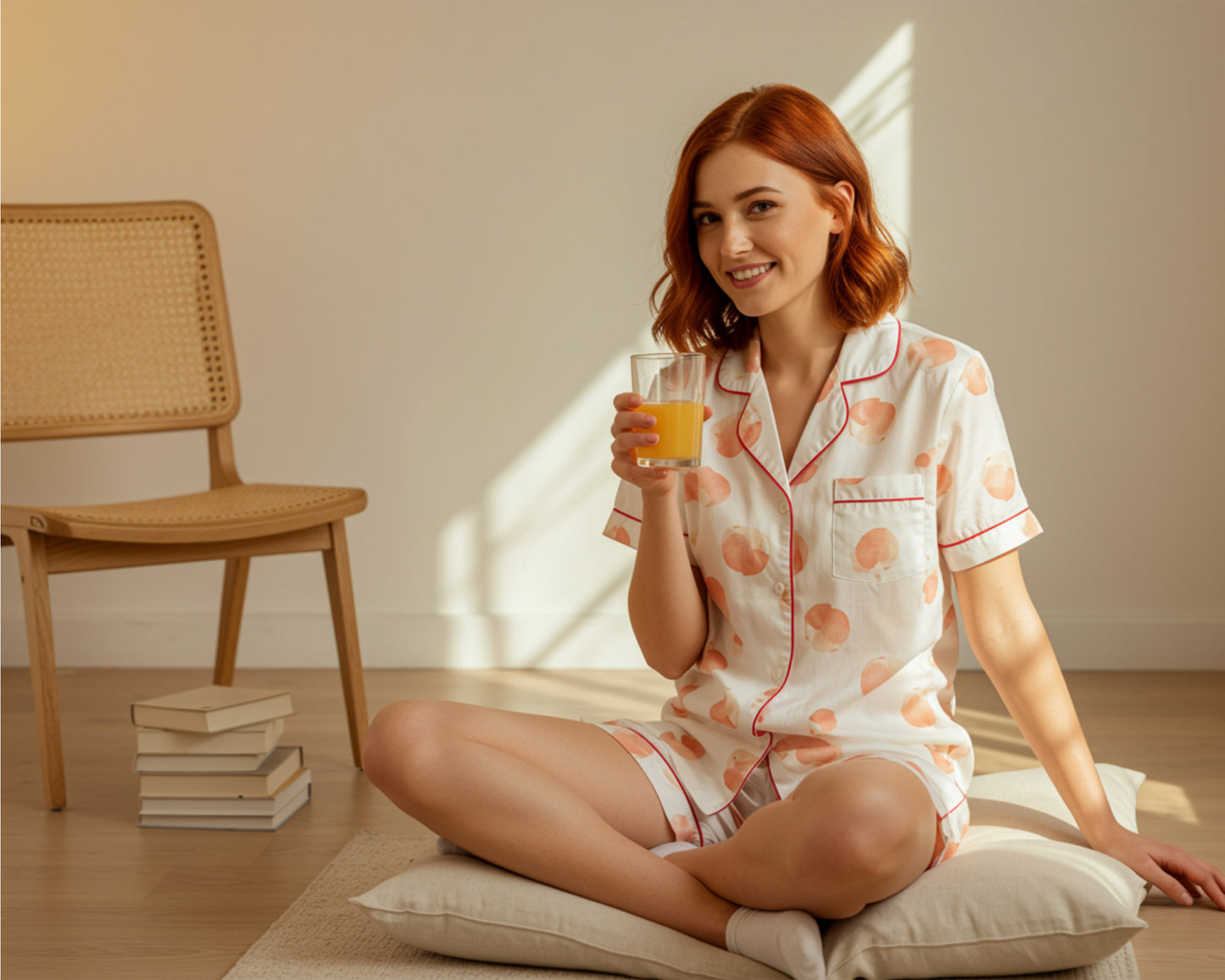Woman wearing floral hydrangea sleep shorts for bridal party