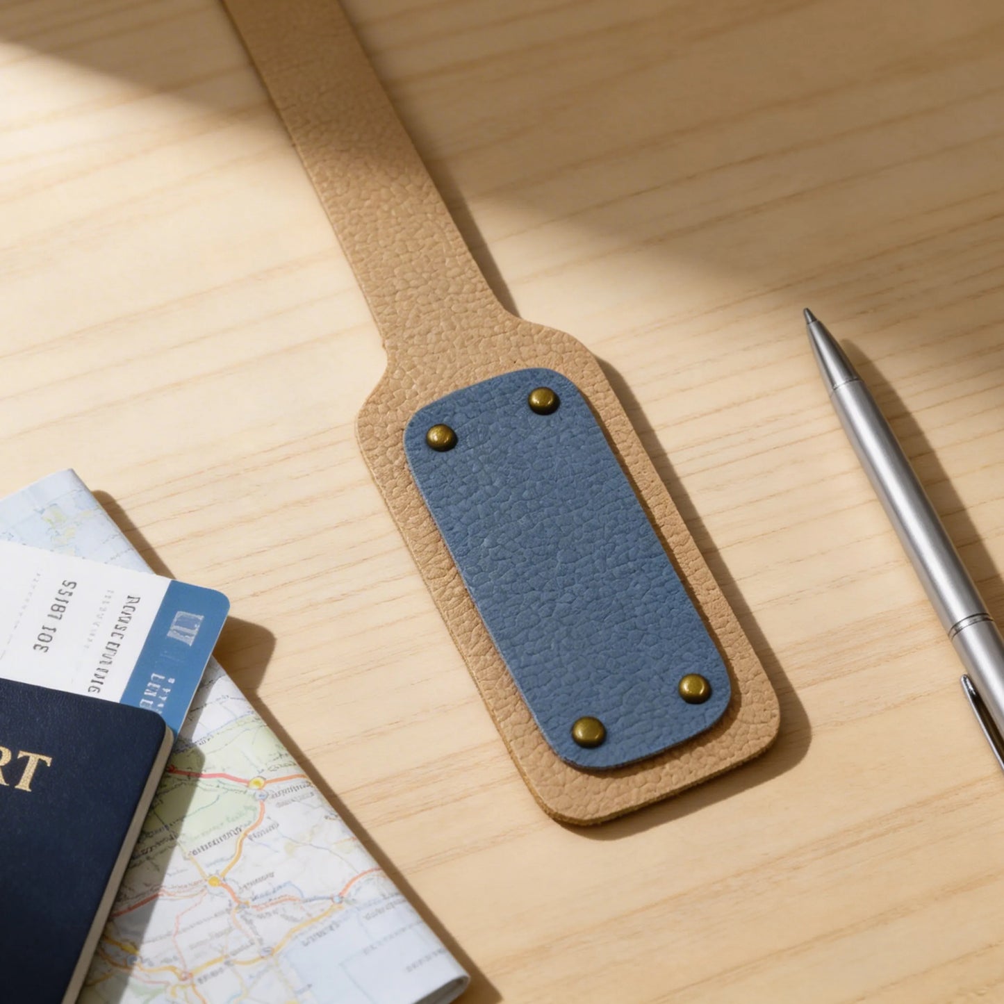 Leather luggage tag with blue accent on a wooden surface with passport and map.