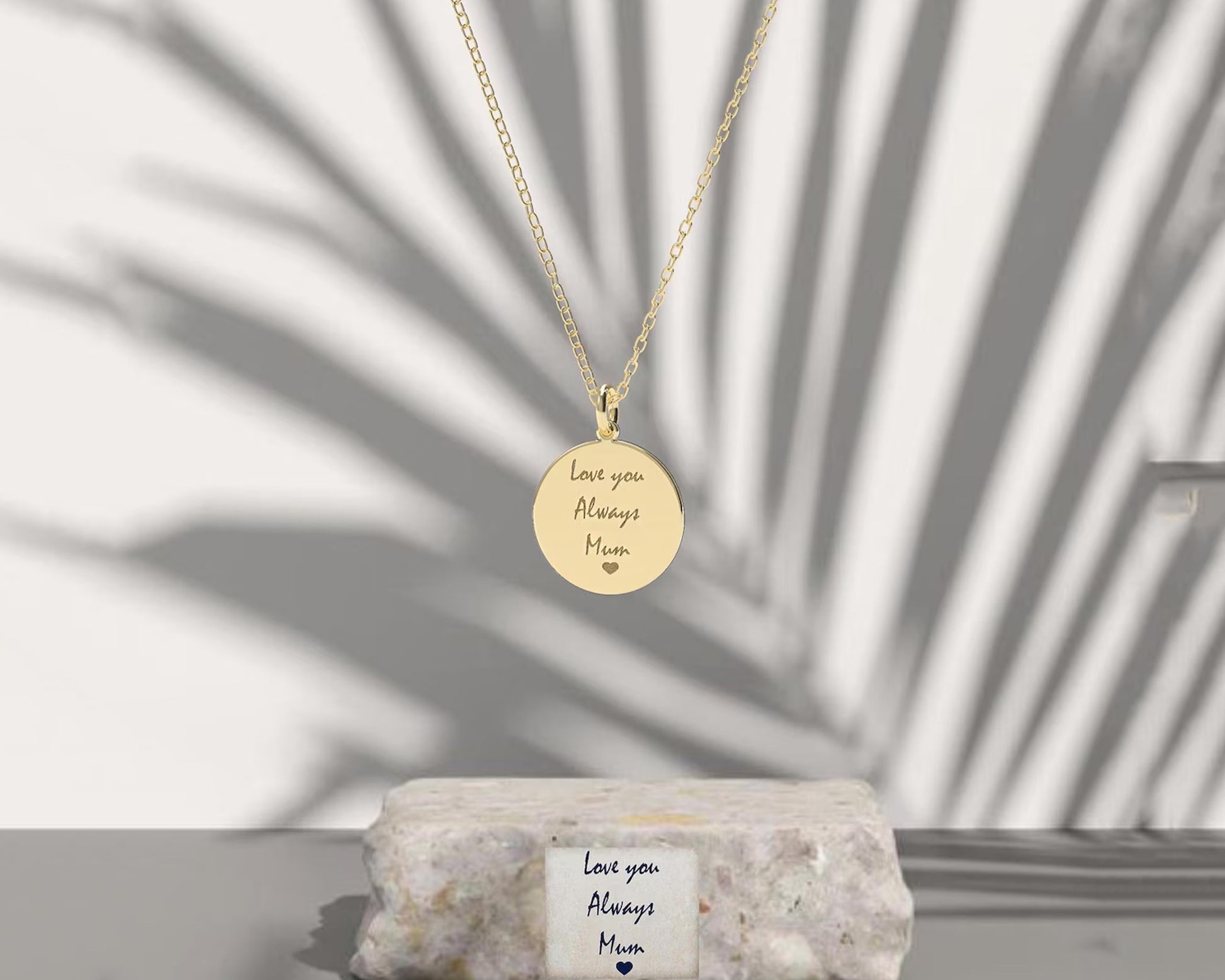 Round disc pendant with "Love You Mom" engraving. Sop Now from Blissful World 