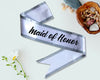 White Maid of Honor sash with elegant silver trim, perfect for bridal parties and wedding celebrations.