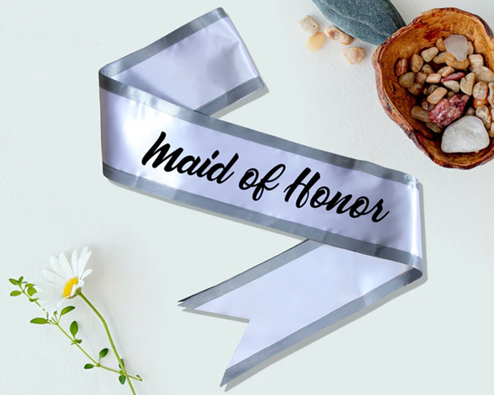 White Maid of Honor sash with elegant silver trim, perfect for bridal parties and wedding celebrations.
