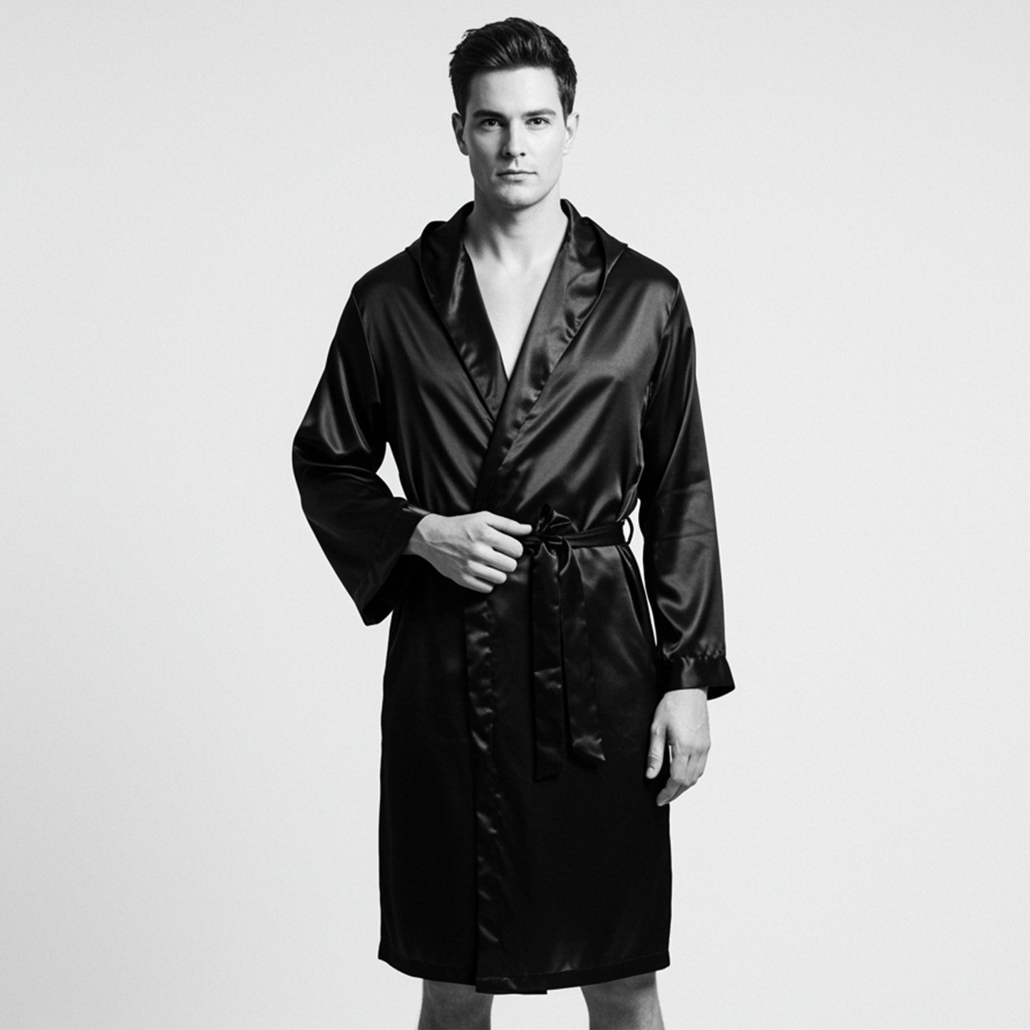Man wearing a black satin robe on a light gray background