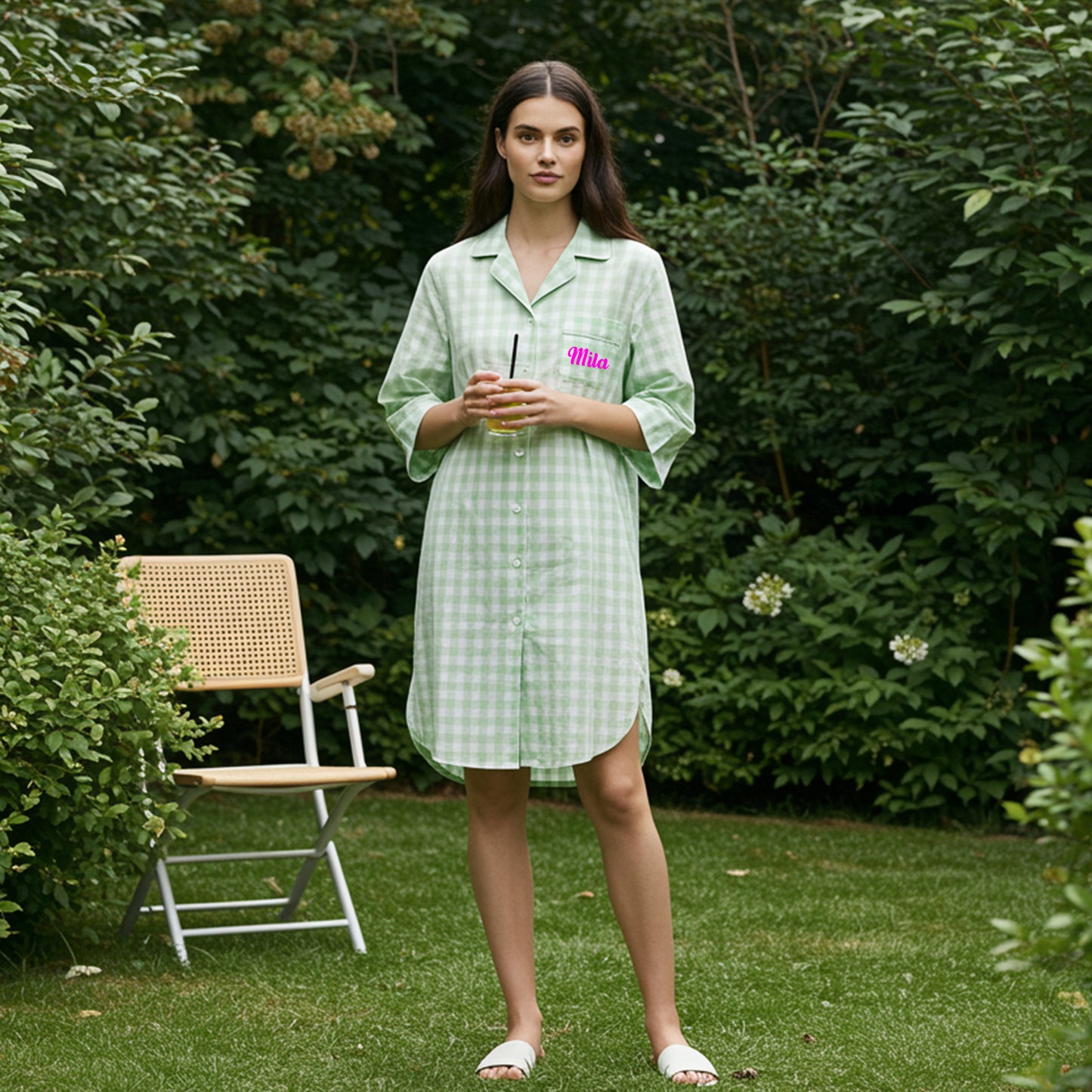 Personalized mint green gingham sleepshirt featuring custom name Eliana on chest