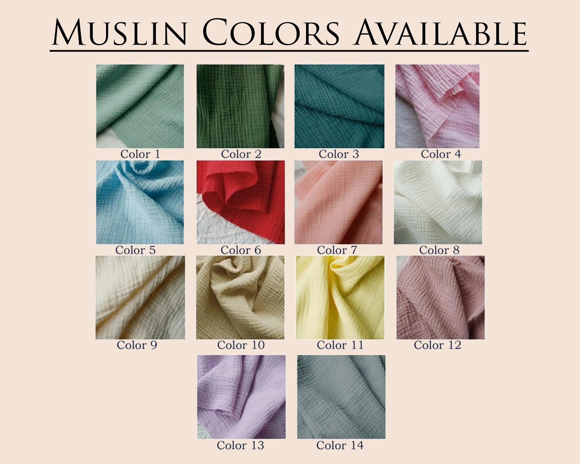 Display of muslin fabric swatches in various colors on a beige background.