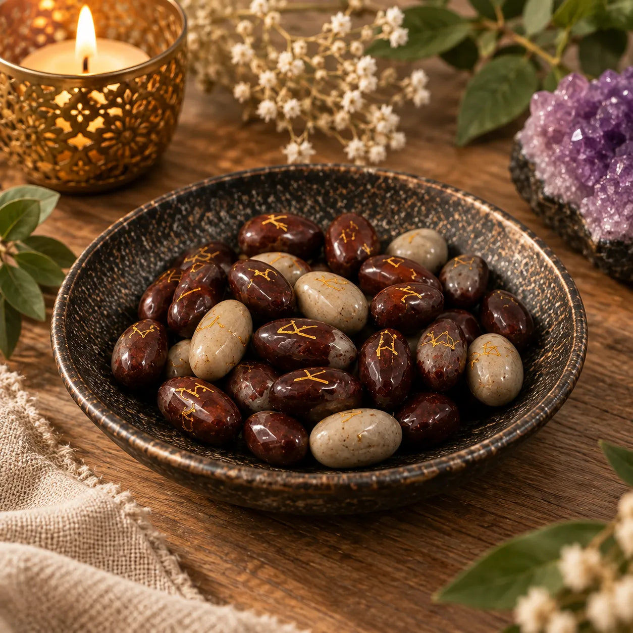 A ceramic bowl filled with polished stones, some dark reddish-brown with gold runic symbols and others light beige, set on a wooden surface with a lit candle, dried flowers, and a purple crystal cluster in the background.