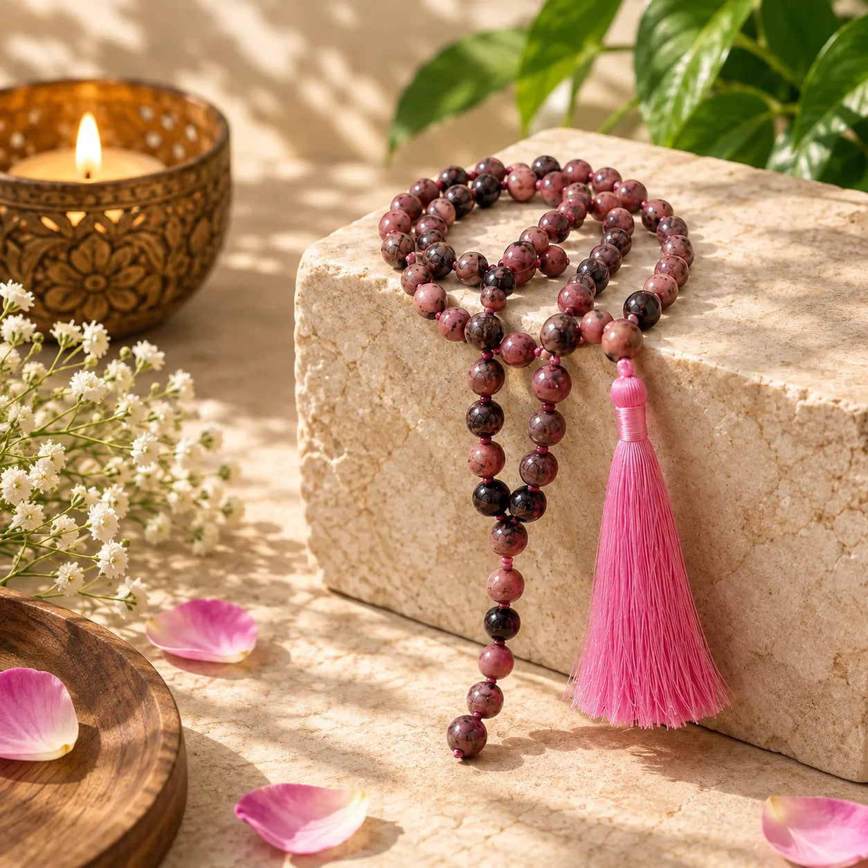 A beaded necklace with dark purple and pink polished stones draped over a light stone block, featuring a bright pink tassel. The scene is styled with a lit brass candle holder, white baby's breath flowers, pink petals, and green leaves in soft natural light.