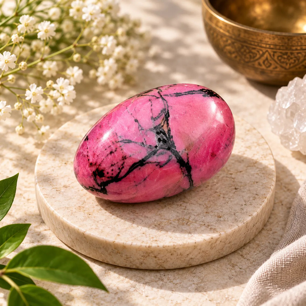 A polished pink stone egg with black veining sits on a round beige stone platter, styled with white flowers, green leaves, a gold bowl, and a crystal cluster in warm natural light.
