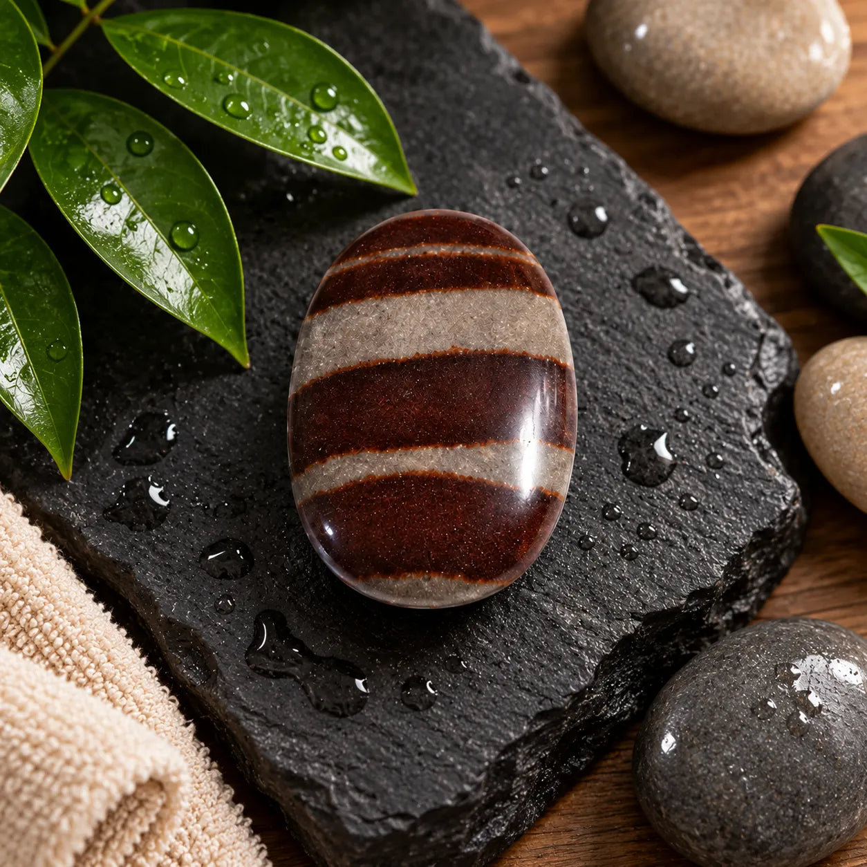 A polished oval stone with horizontal brown and beige bands sits on a dark wet slate slab, surrounded by green water droplets, smooth river stones, and a folded beige towel on a wooden surface.