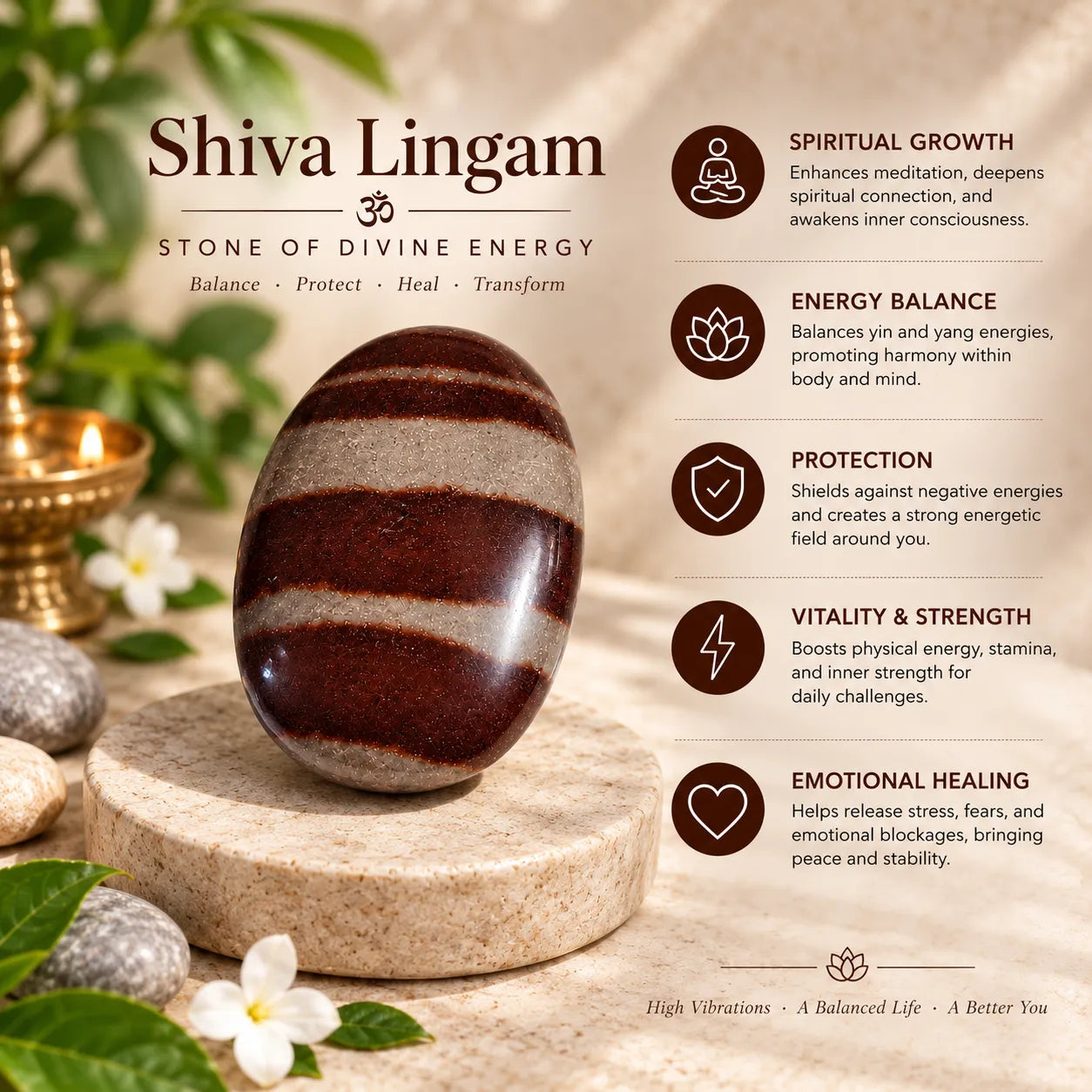 A polished Shiva Lingam stone with horizontal brown and dark reddish-brown bands, displayed on a stone pedestal with decorative props including a candle, white flowers, and green leaves. The background is a warm beige with text detailing the spiritual benefits of the Shiva Lingam.