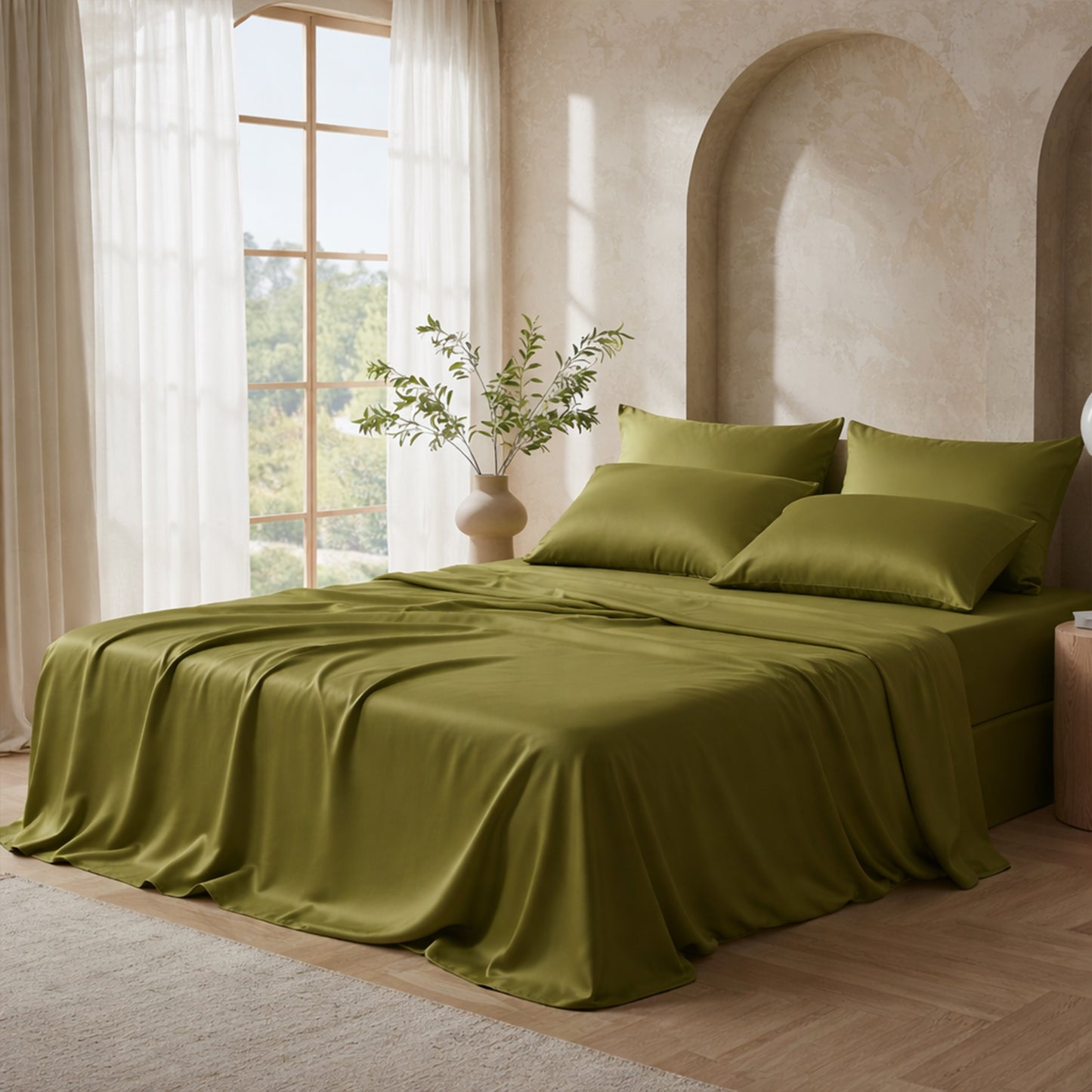 Mossy olive green satin bed sheets in a Mediterranean style bedroom with arched alcoves