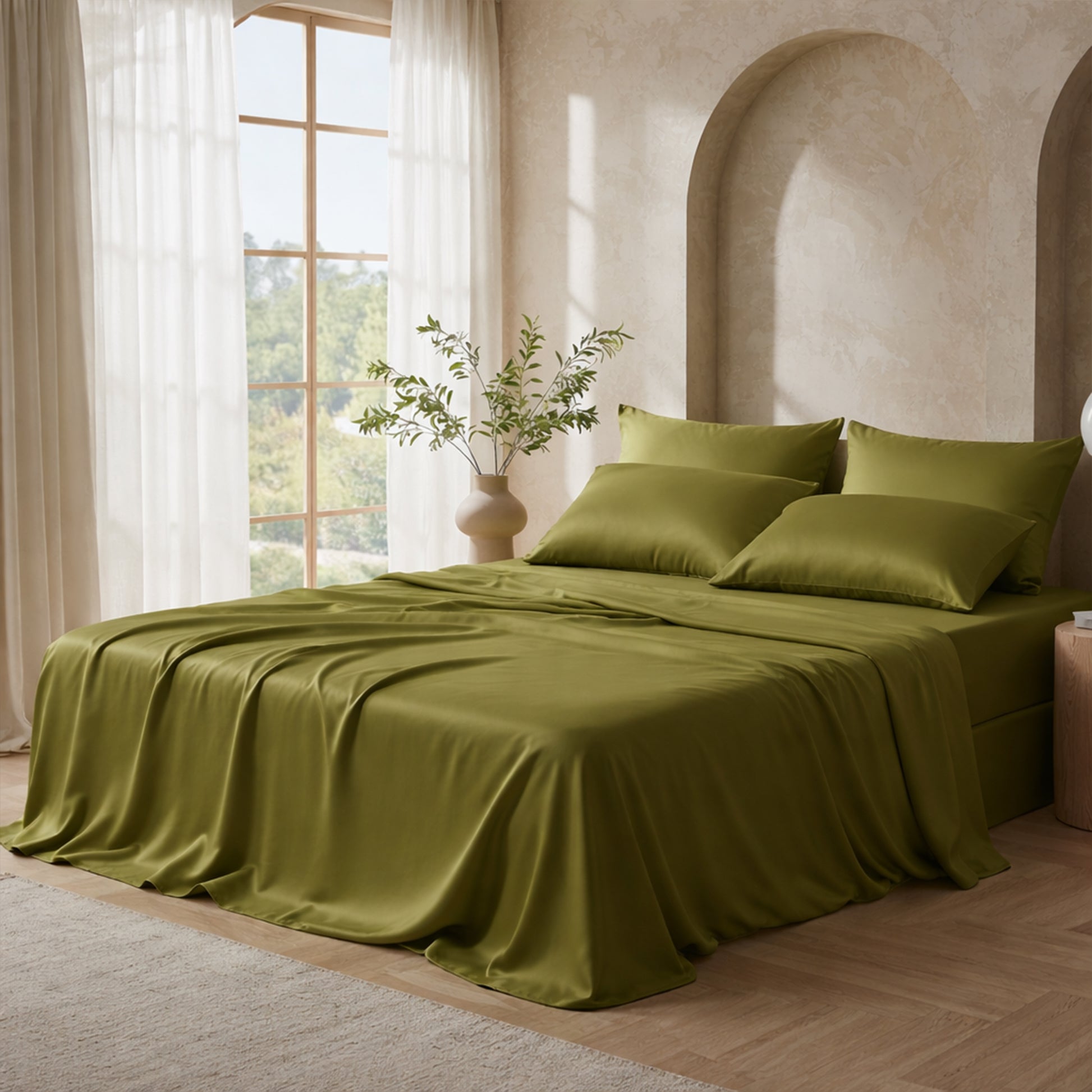 Mossy olive green satin bed sheets in a Mediterranean style bedroom with arched alcoves