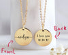 Custom gold disc necklace with engraved name on the front and a special message with date on the back, ideal for gifts.