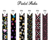 A collection of six printed sash styles displayed vertically, featuring unicorns, paw prints, dog faces, butterflies, hearts, and wavy heart patterns on a black background.