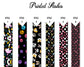A collection of six printed sash styles displayed vertically, featuring unicorns, paw prints, dog faces, butterflies, hearts, and wavy heart patterns on a black background.
