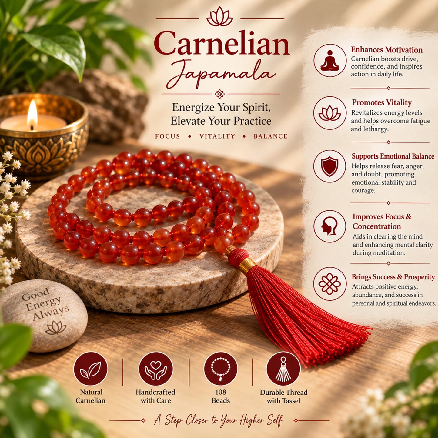 Red Crystal Prayer Beads with Tassel functionality
