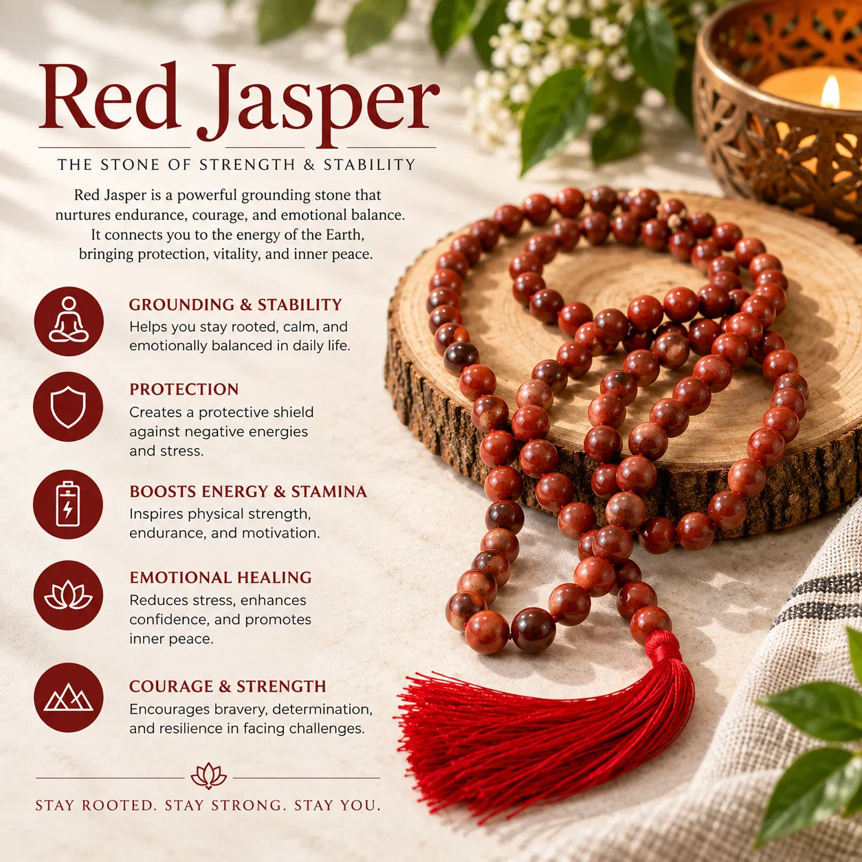 A red jasper beaded prayer necklace with a red tassel draped over a rustic wood slice, set on a textured cream fabric beside a lit candle. The left side features informational text and icons about the benefits of red jasper.