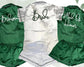 Satin pajama sets in emerald green and white, personalized with "Bride," "Bridesmaid," and "Maid of Honor" text.