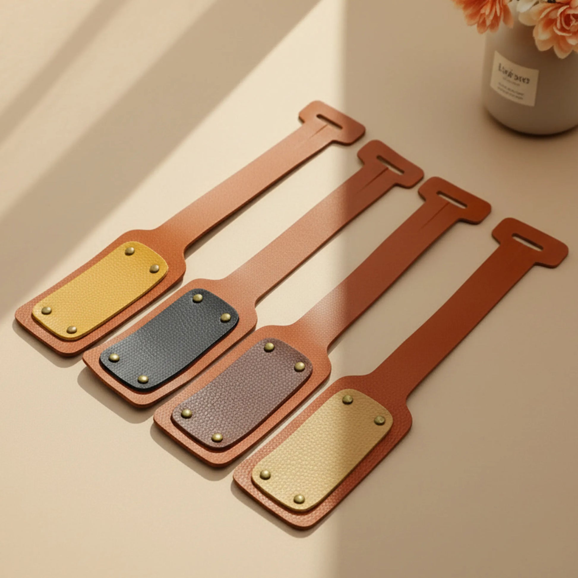 Set of leather luggage tags in various colors on a beige surface.
