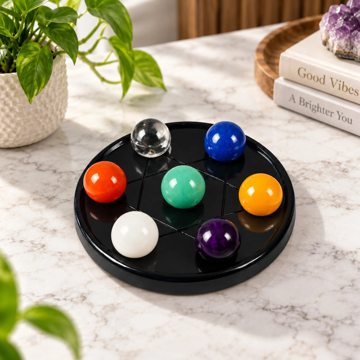 Seven Chakra Crystal Healing Stone Sphere Set with Display Tray