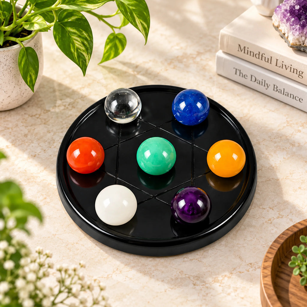 Seven Chakra Crystal Healing Stone Sphere Set with Display Tray 2