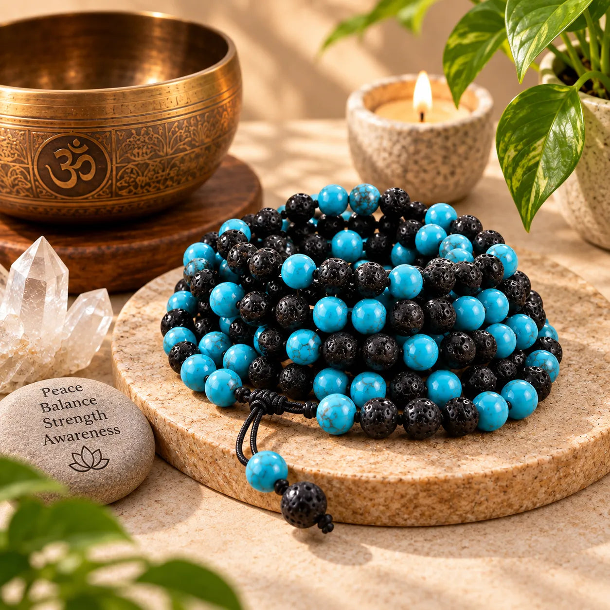 Turquoise and Lava Stone Mala Prayer Beads with Tassel 1
