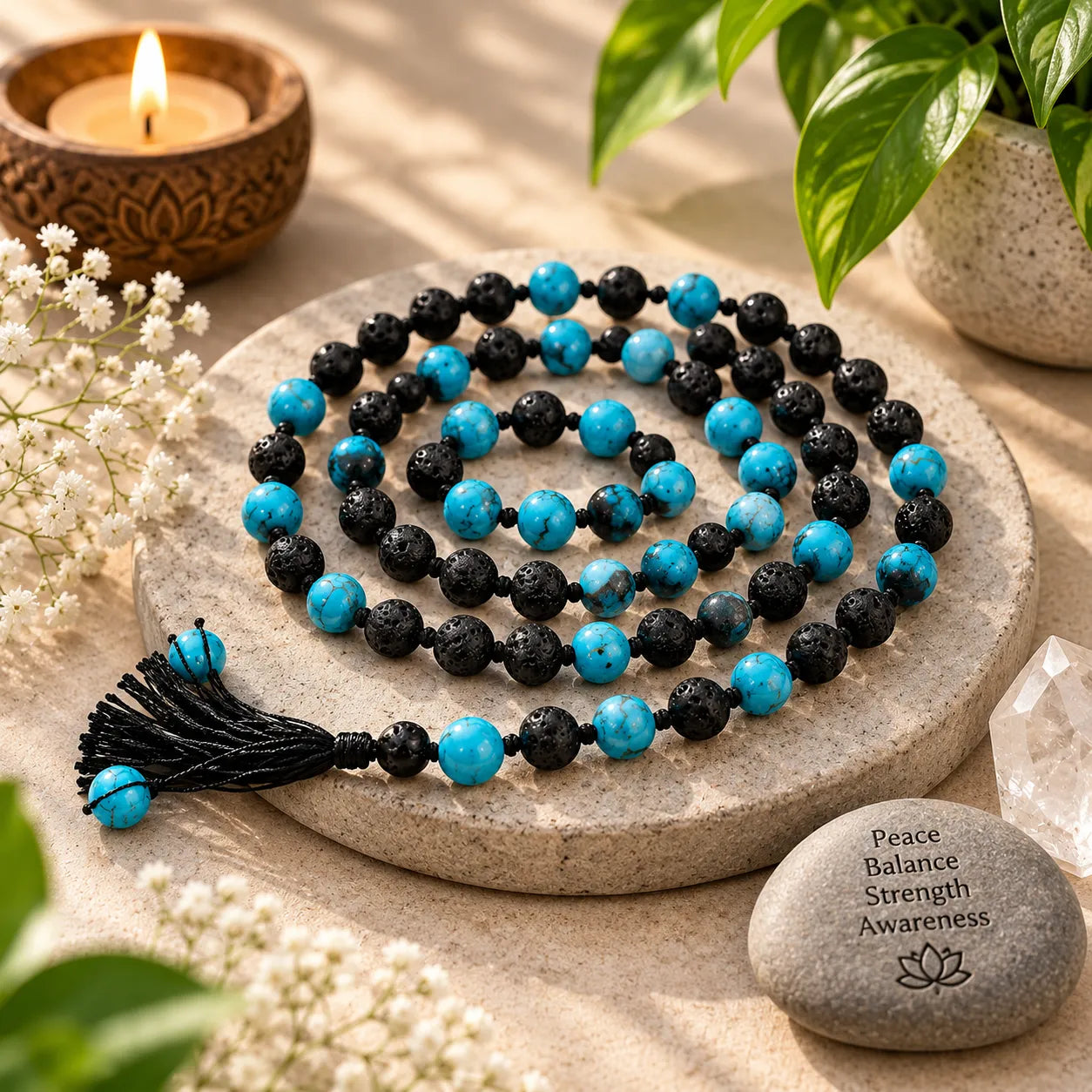 Turquoise and Lava Stone Mala Prayer Beads with Tassel 3