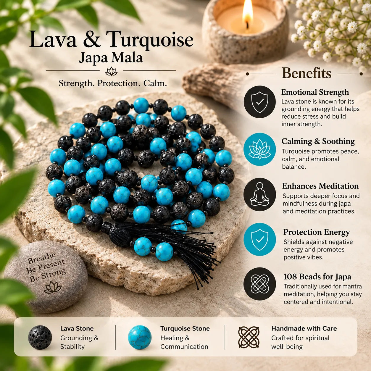 Lava and turquoise japa mala beads arranged on a stone beside a lit candle, with text overlays describing benefits and explaining the meanings of lava stone and turquoise stone.
