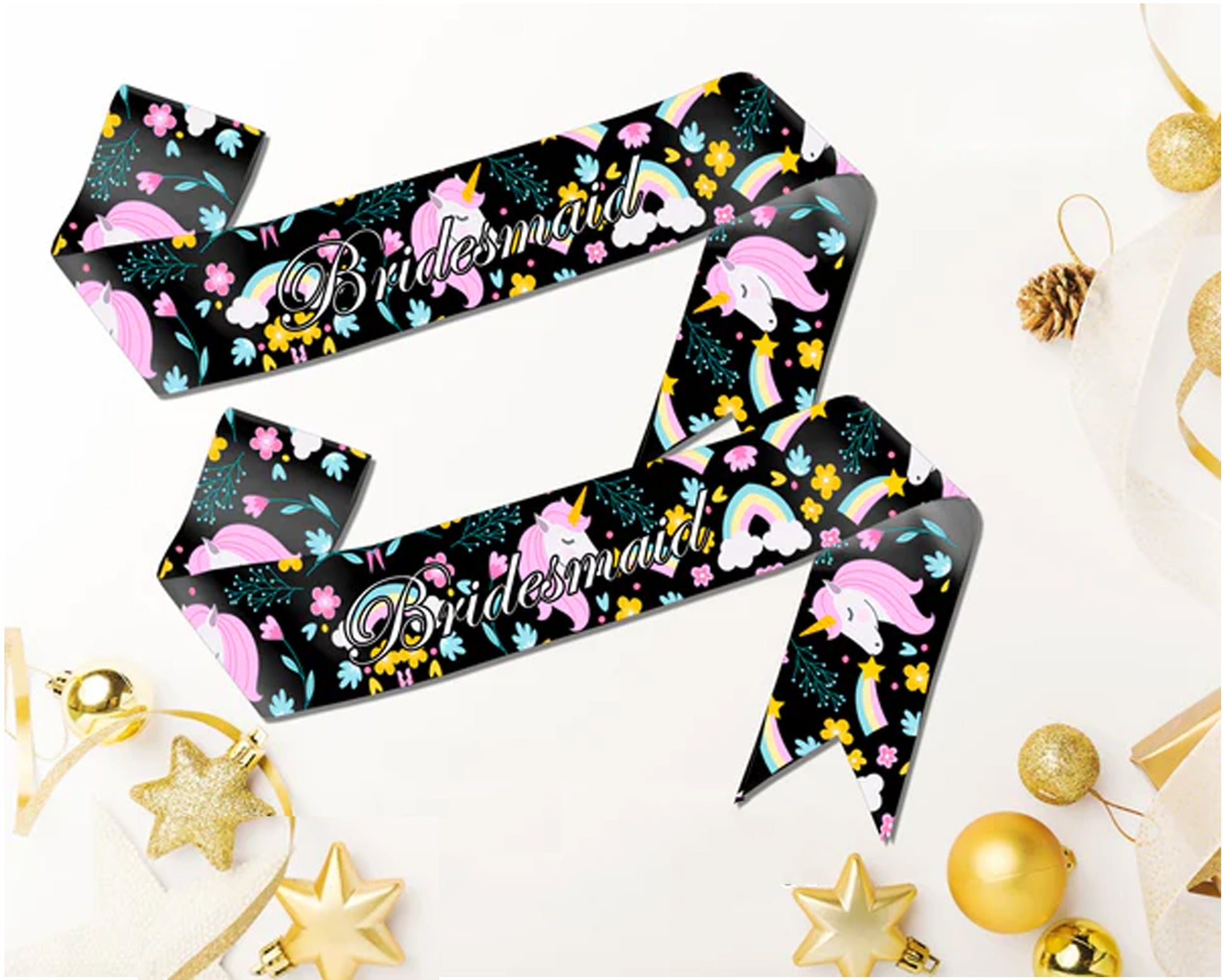 Black bridesmaid sash with colorful unicorns, rainbows, and floral patterns, featuring elegant white script text.
