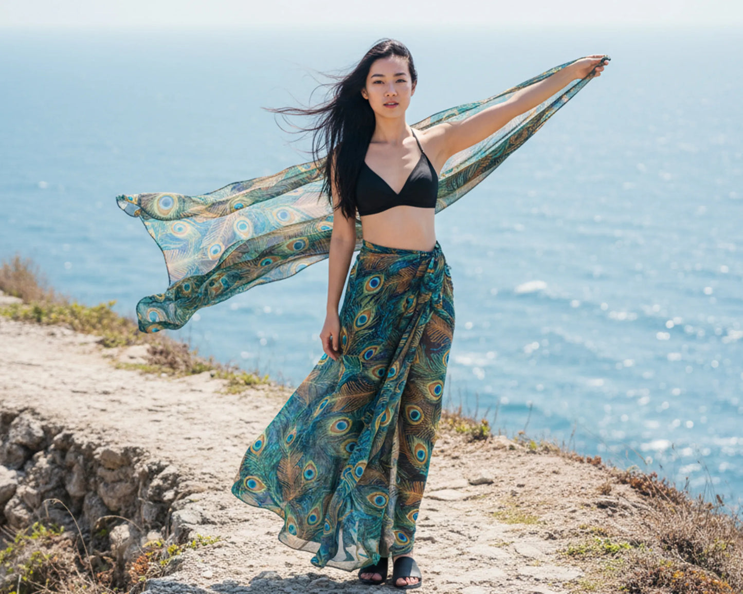 Woman in a black bikini top and patterned sarong standing on a coastal path with a scarf.