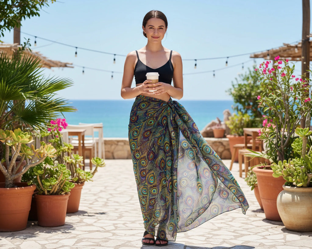 Woman in a patterned sarong standing outdoors with plants and ocean view