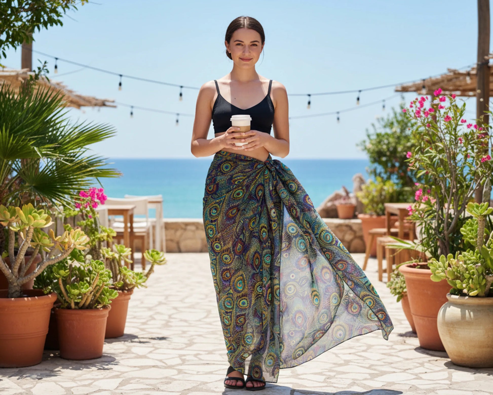 Woman in a patterned sarong standing outdoors with plants and ocean view