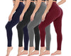 A collection of high-waisted leggings in navy, black, gray, and burgundy colors, displayed on models.