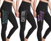 Black high-waisted leggings featuring sparkling rhinestone text designs in various styles.