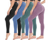 Five pairs of seamless high-waisted leggings in black, blue, green, and purple shades, designed for comfort and style.