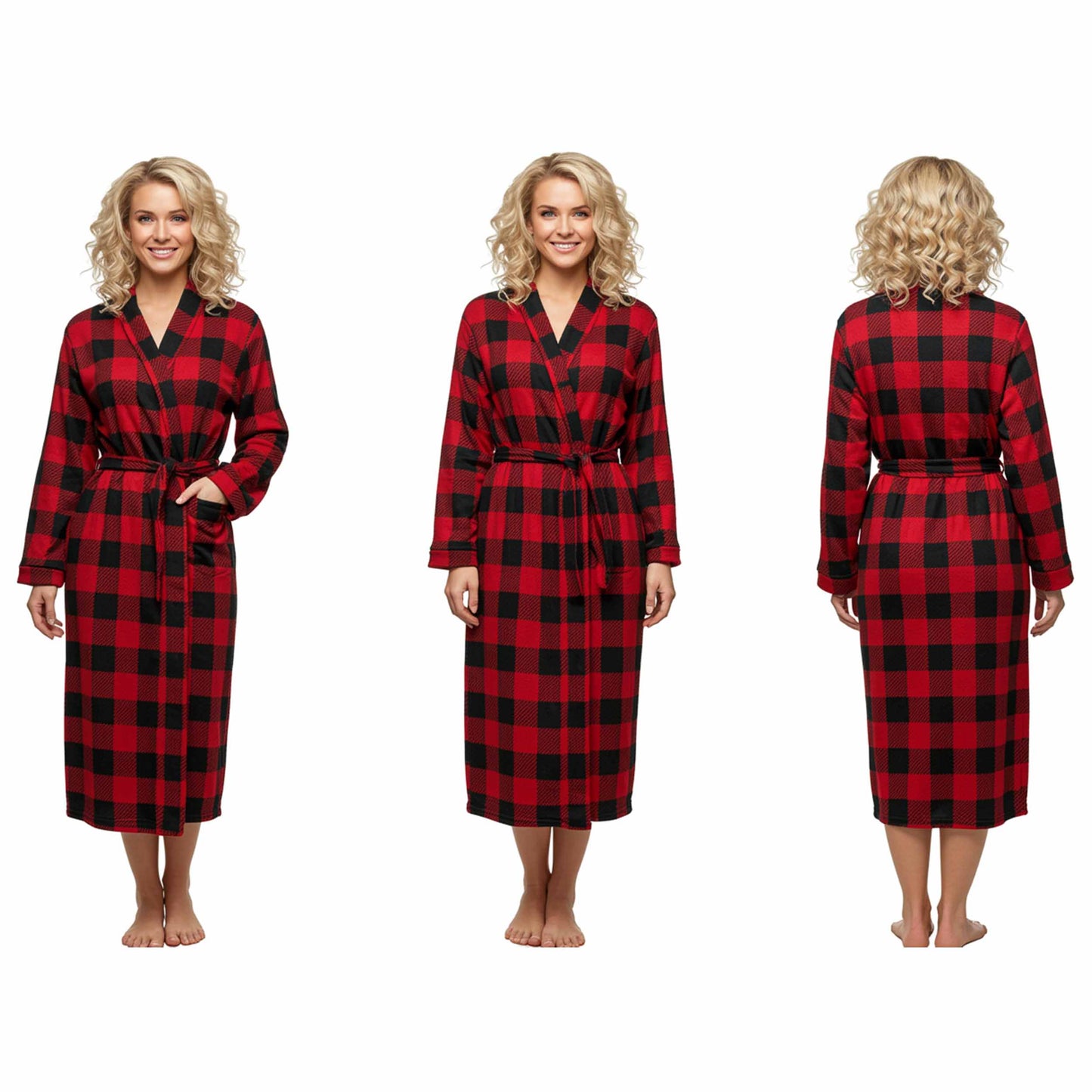 Red and black checkered robe worn by a model on a white background