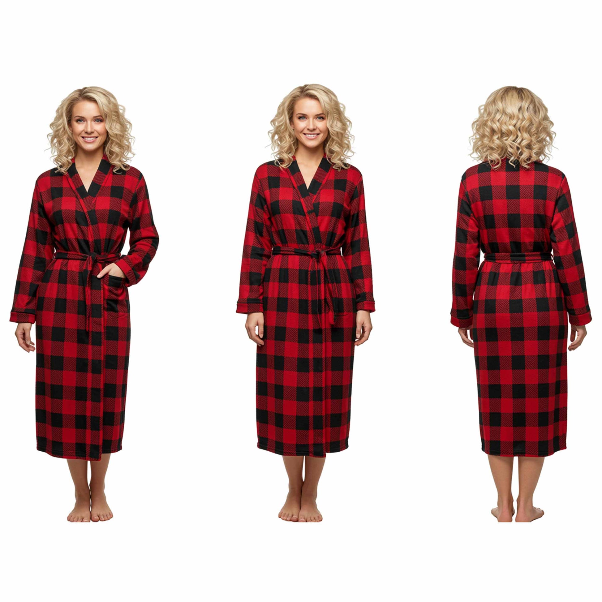 Red and black checkered robe worn by a model on a white background