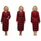 Red and black checkered robe worn by a model on a white background