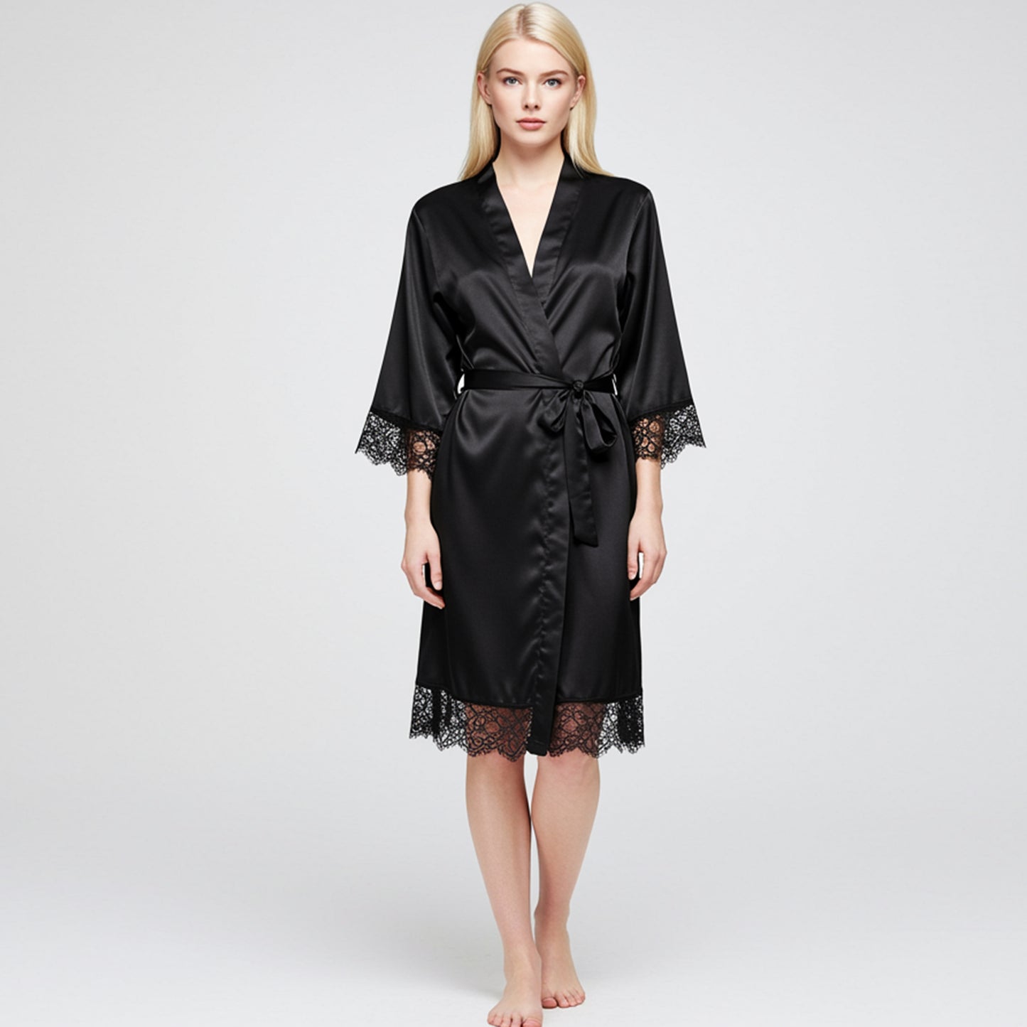 Black satin lace robe with custom embroidery for bridesmaids