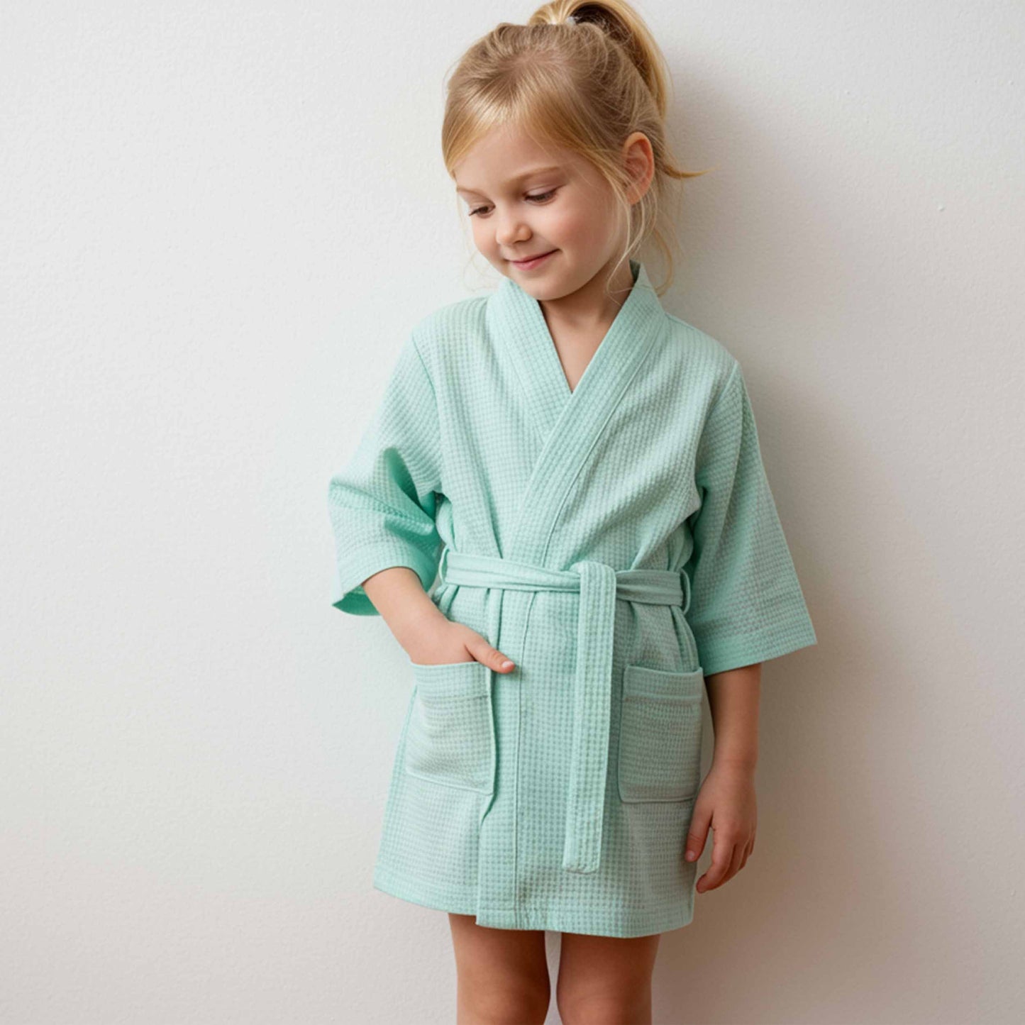 Young girl wearing a light green robe against a plain background