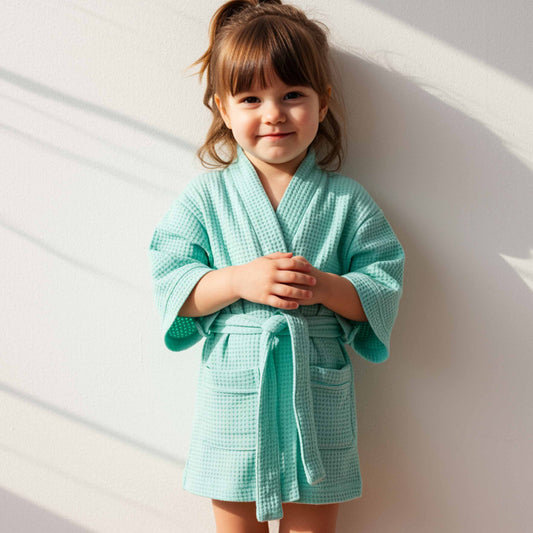girl wearing a mint green waffle robe with pockets, looking down with a smile.