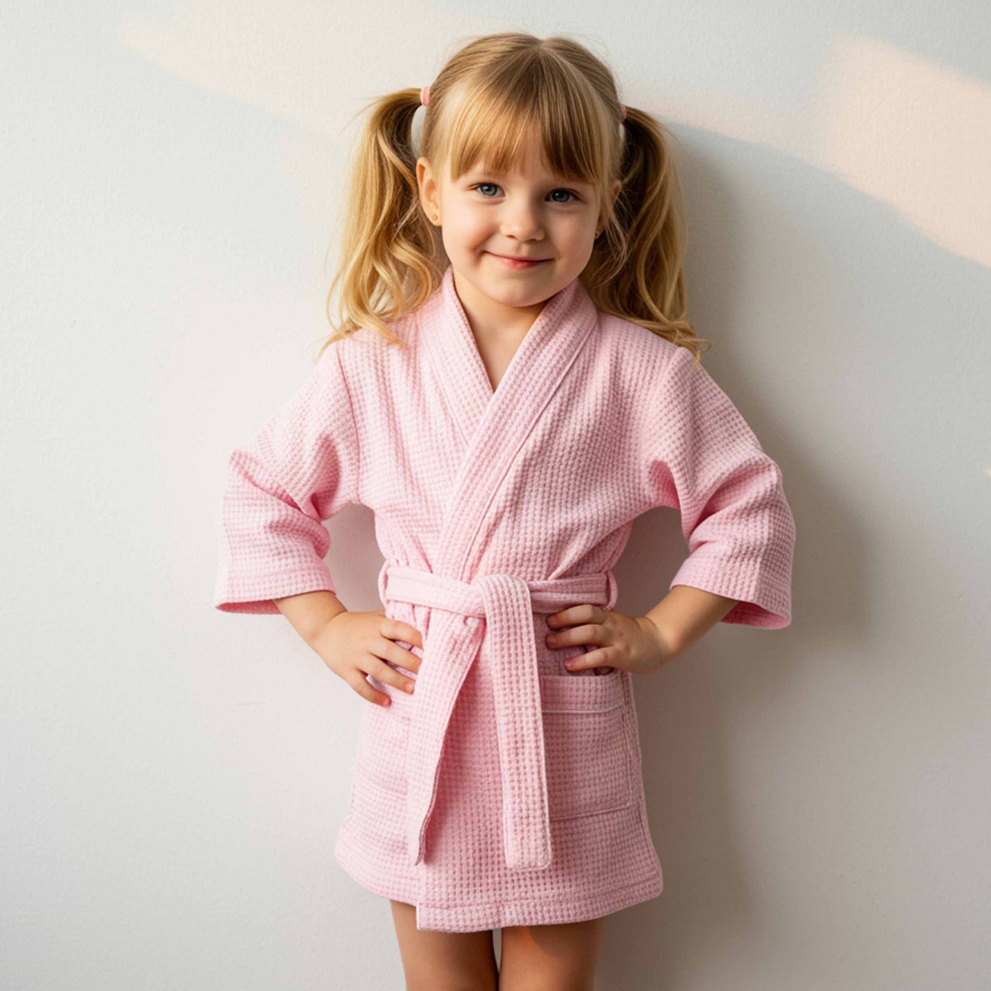 Young girl wearing a pink robe against a light background