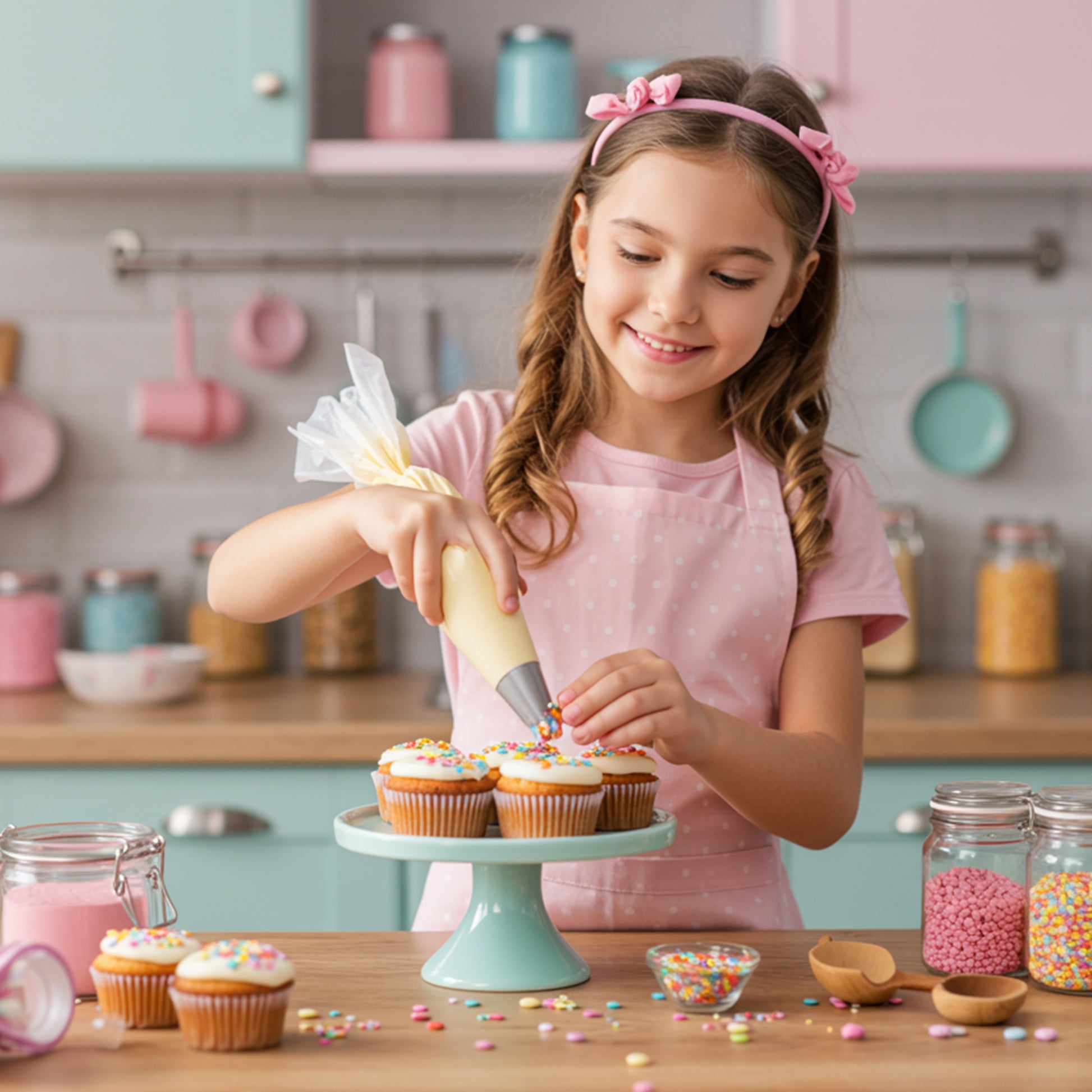 Girl decorating cupcakes wearing cotton apron