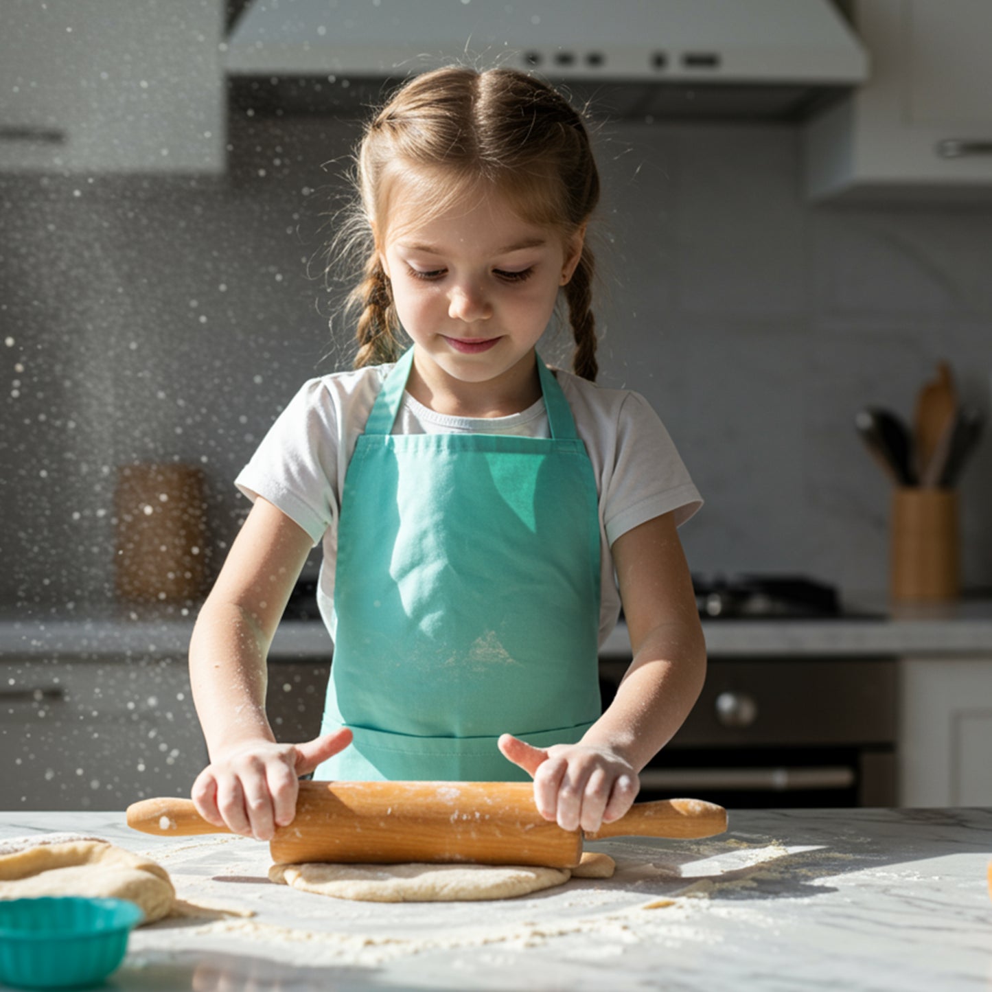 Child wearing cotton apron while rolling dough