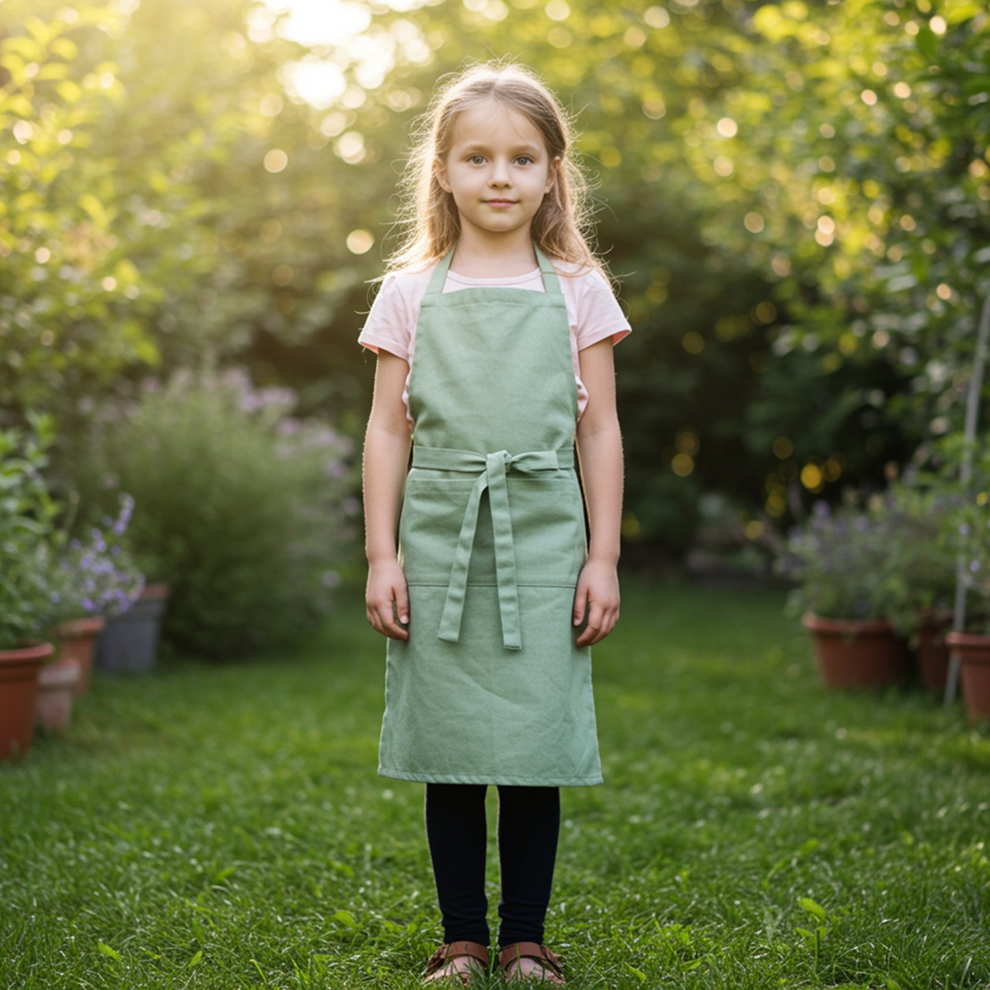 Child wearing cotton apron in garden