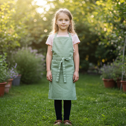 Child wearing cotton apron in garden