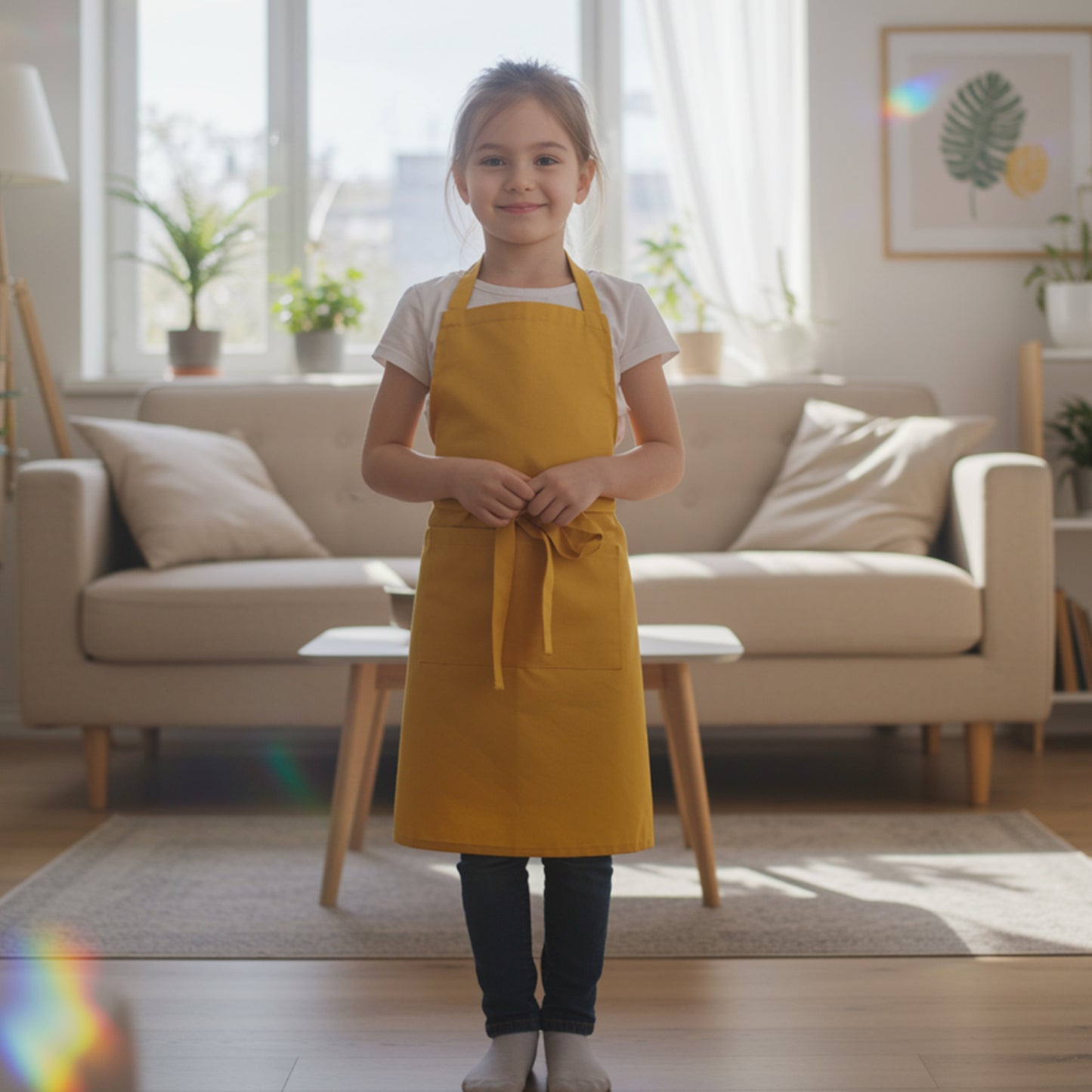 kid wearing mustard cotton apron indoors
