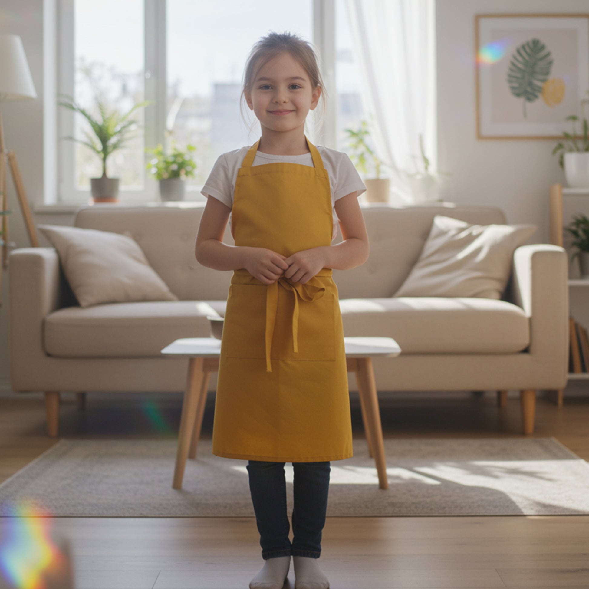 kid wearing mustard cotton apron indoors