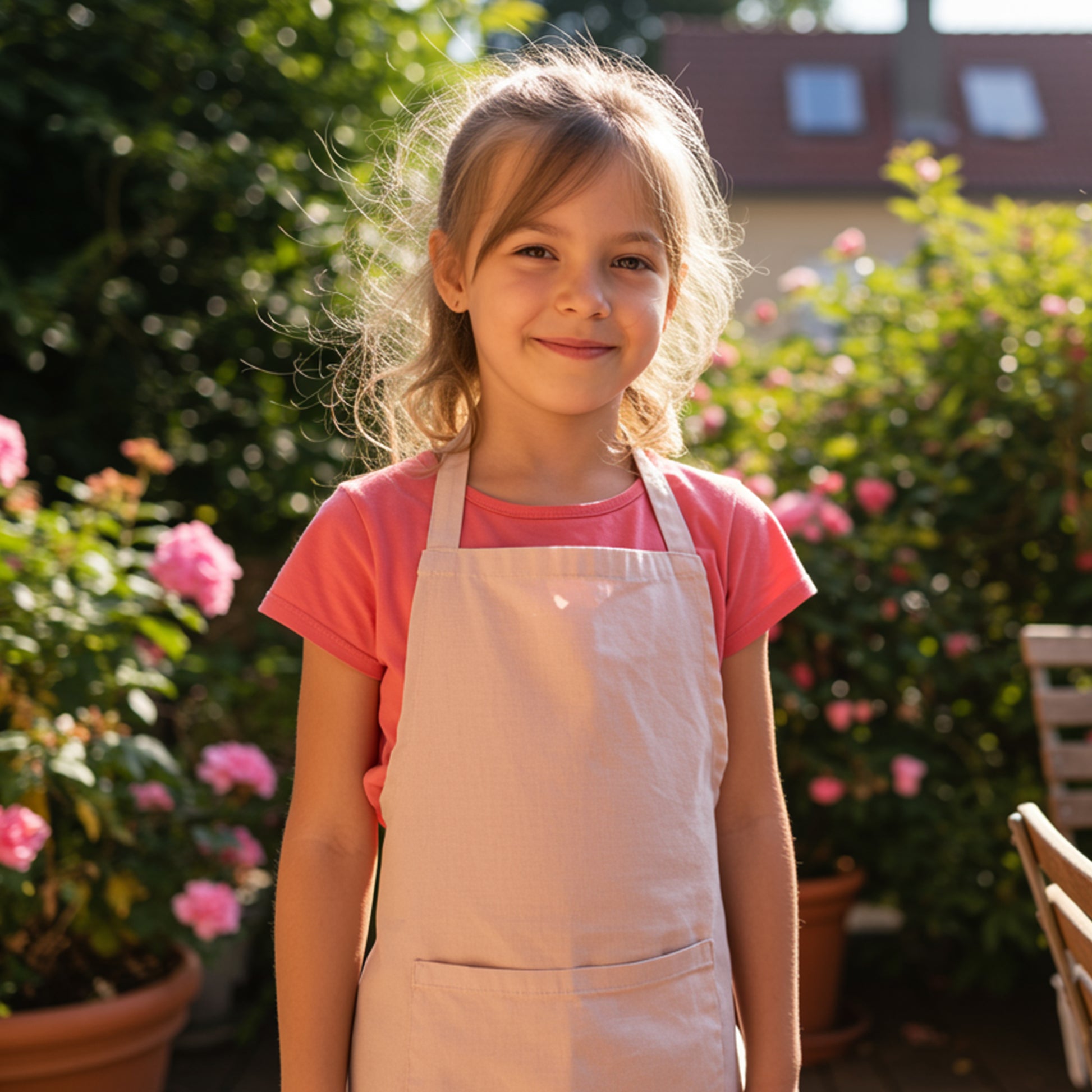 child wearing pink cotton apron in garden setting