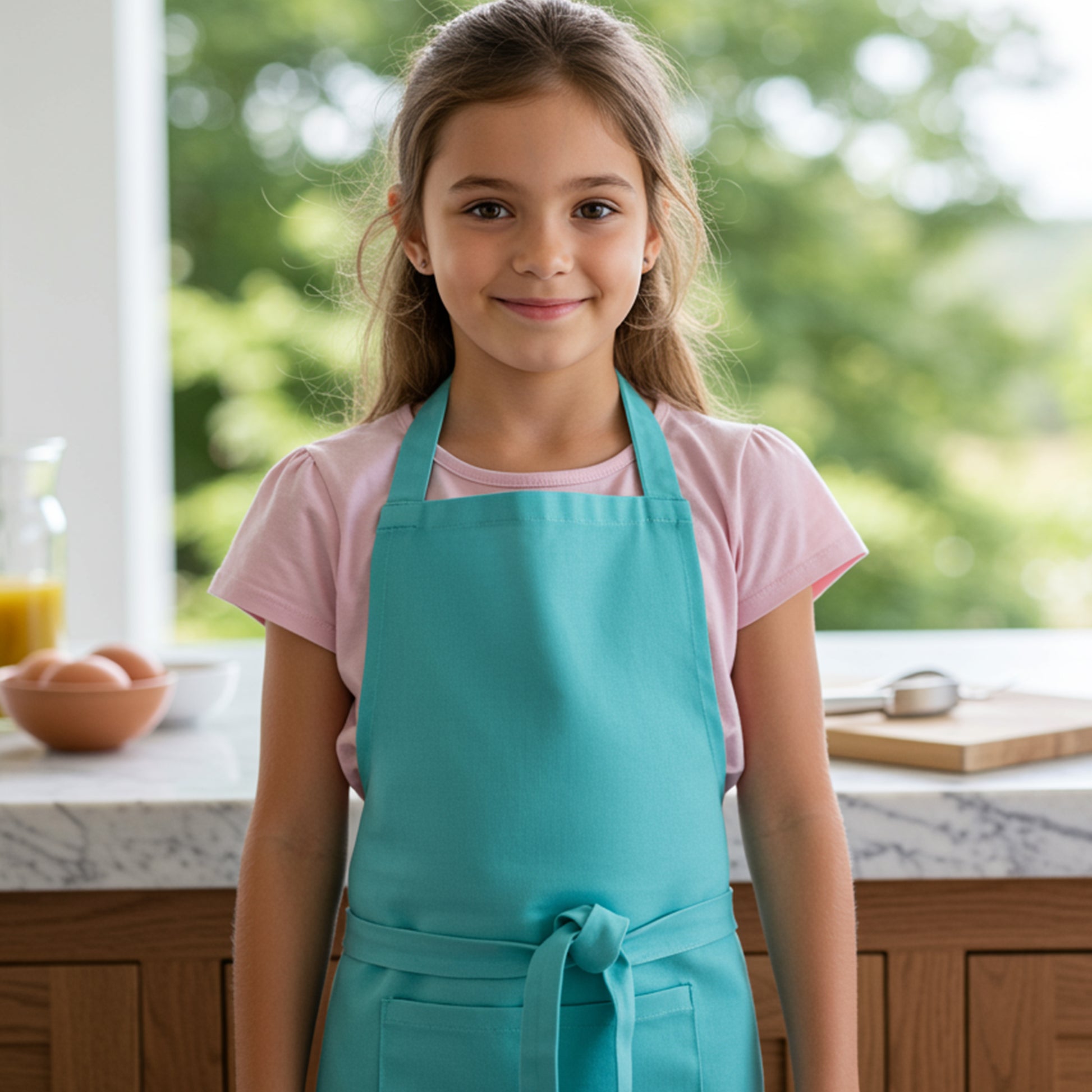 girl wearing teal cotton kids apron in kitchen